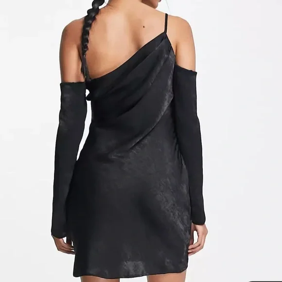 ASOS DESIGN asymmetric satin mini dress with cold shoulder in black Size 2 - Picture 2 of 4
